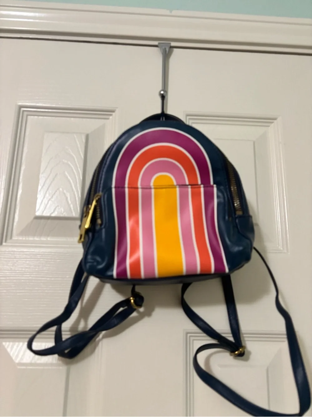 Fossil Navy Mini Backpack with Pink, Orange and Yellow Arch. Wallet included